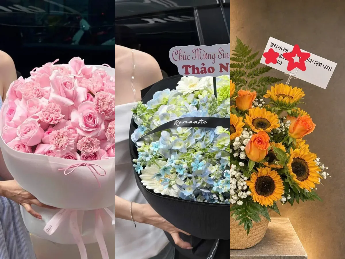 꽃다발 색조합 예시 — 핑크·화이트, 블루·화이트, 옐로·오렌지